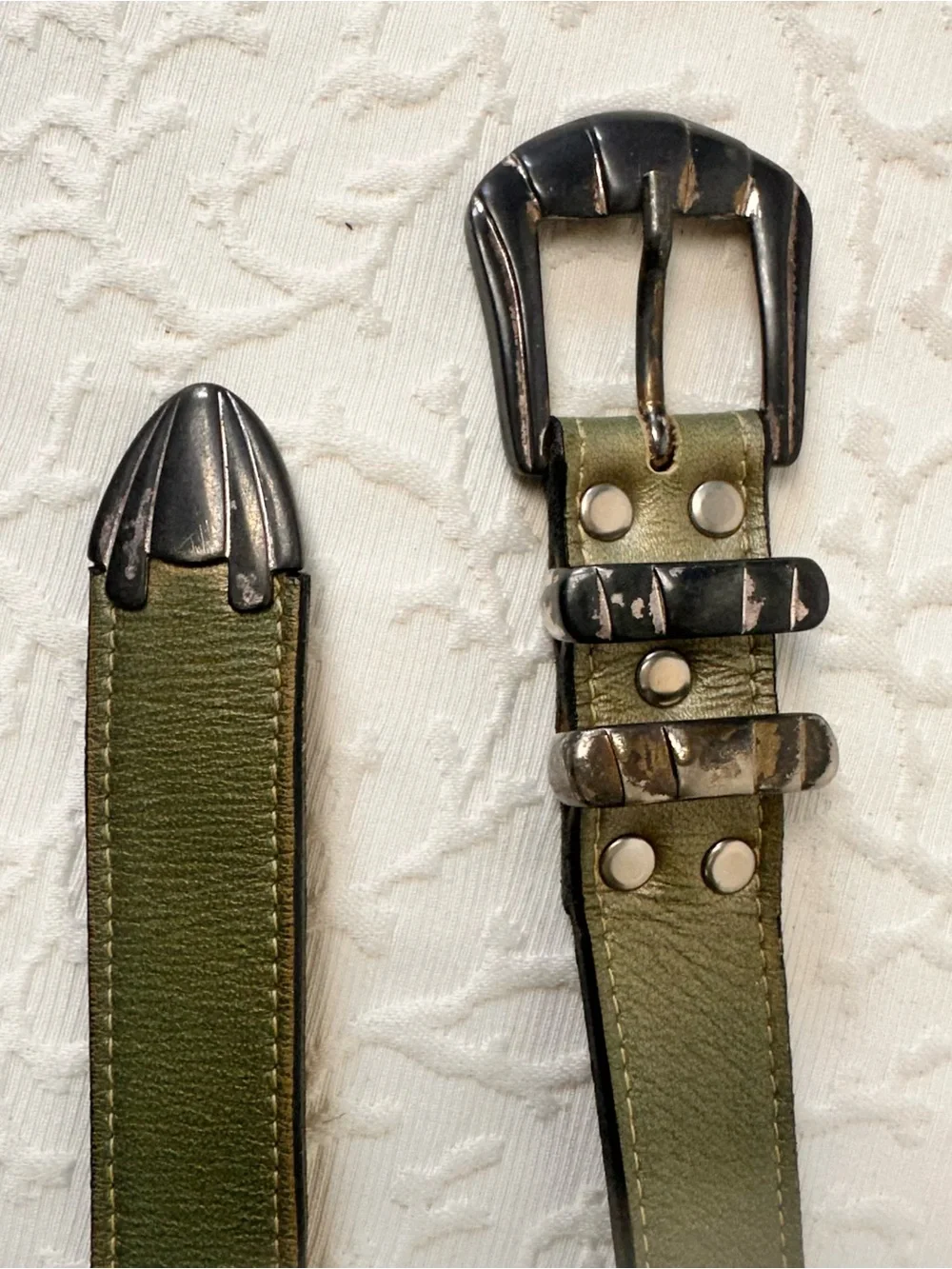 Olive Green Leather Waist Belt with Antiqued Buckle